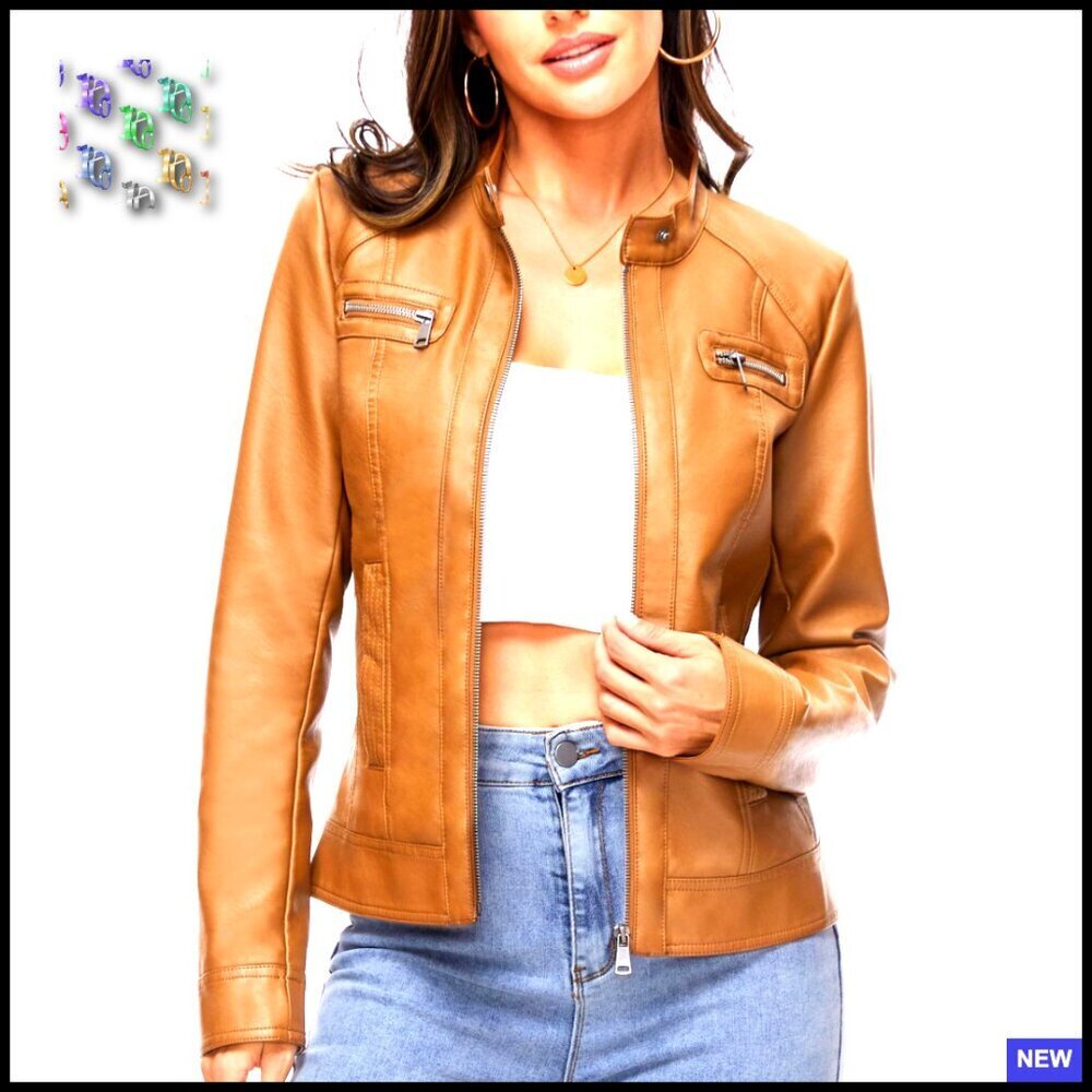 Faux Leather Motorcycle Jacket Slim Fit Zip Up Moto Biker Chic Outerwear